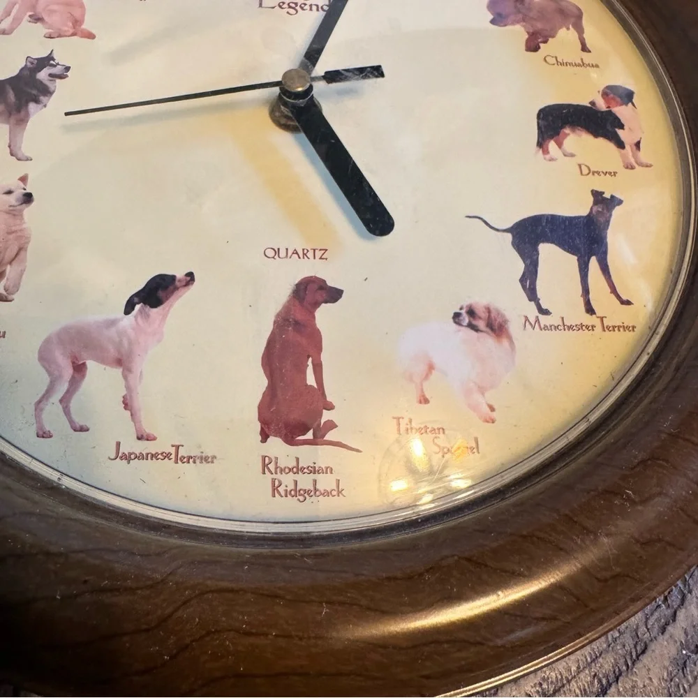 Vintage‎ Quartz Dog's Legend Barking Dog Faux Wood Wall Clock Sound Puppies